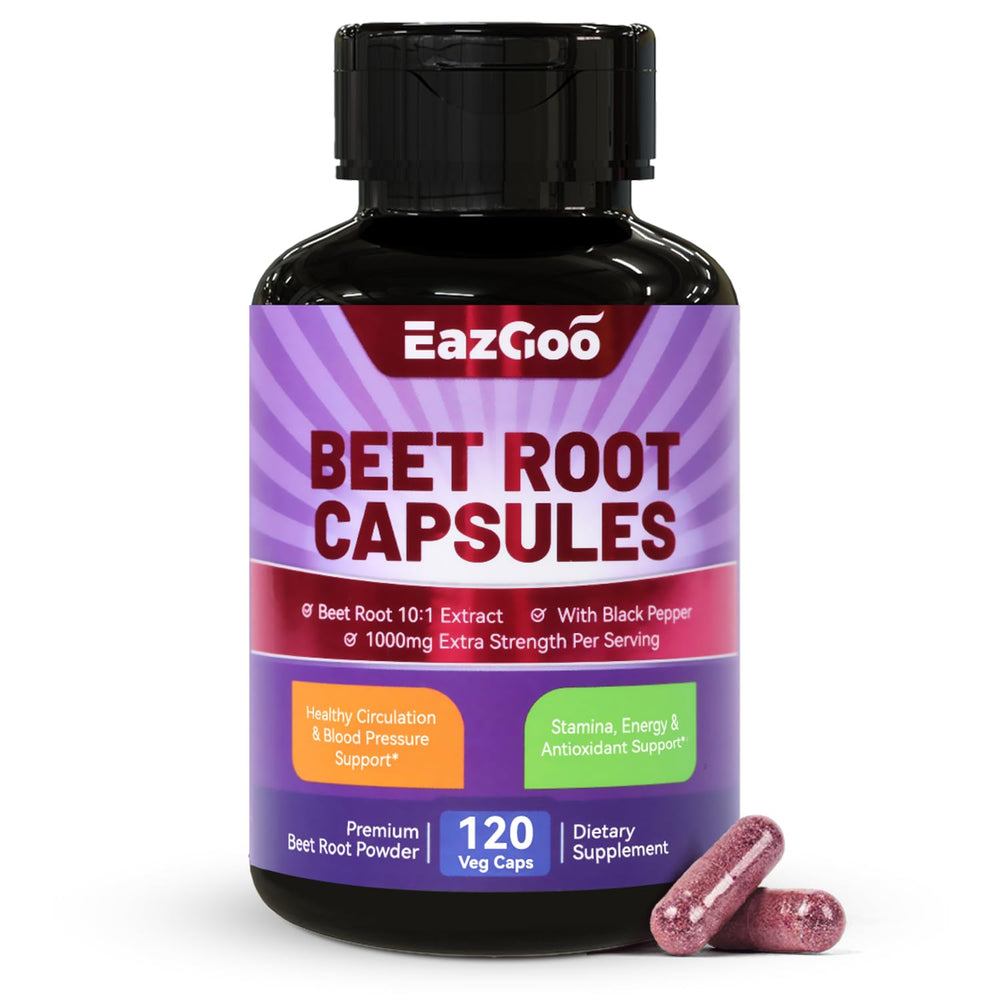 EAZGOO Beet Root Capsules bottle close-up with vegan and non-GMO labeling.