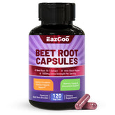 EAZGOO Beet Root Capsules bottle close-up with vegan and non-GMO labeling.