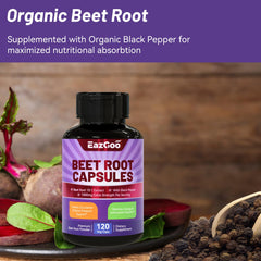 EAZGOO Beet Root Capsules label close-up showing vegan, non-GMO details.