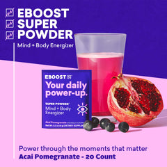 EBOOST acai pomegranate flavor glass shows refreshing drink for focused study.