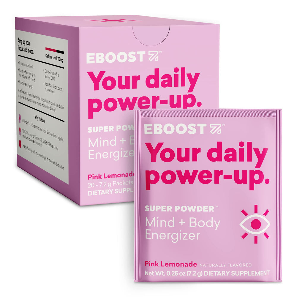 EBOOST Pink Lemonade packet ready for a quick energy boost