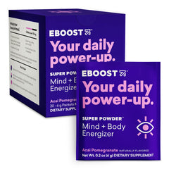 EBOOST super energy powder packet ready to mix for a quick, clean energy boost.