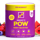 EBOOST POW bottle front view highlighting Berry Melon Fizz pre workout energy
