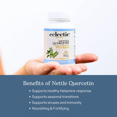 ECLECTIC INSTITUTE Nettle Quercetin label close-up highlights gluten-free and vegan credentials.