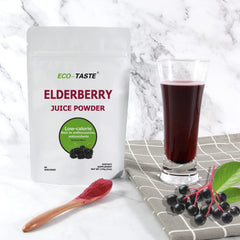 ECO-TASTE Elderberry Powder being poured into a glass for mixing.