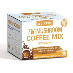ECO-TASTE Mushroom Coffee Mix: box and cup for a focus-enhanced morning ritual