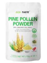 Eco-Taste Pine Pollen Powder bottle shows premium 6 oz packaging for daily supplementation.
