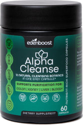 EdenBoost AlphaCleanse bottle front emphasizes clean detox support for daily vitality.