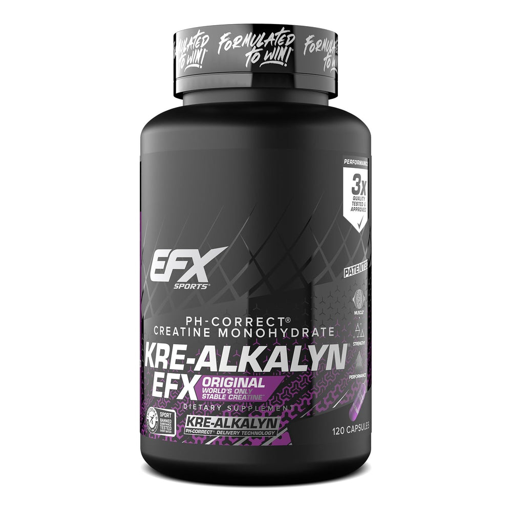 EFX Sports Kre-Alkalyn EFX bottle front shows convenient capsule format for workouts.