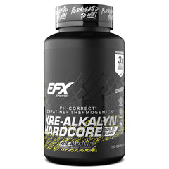 EFX Kre-Alkalyn Hardcore bottle front shows stabilized creatine for better workouts.