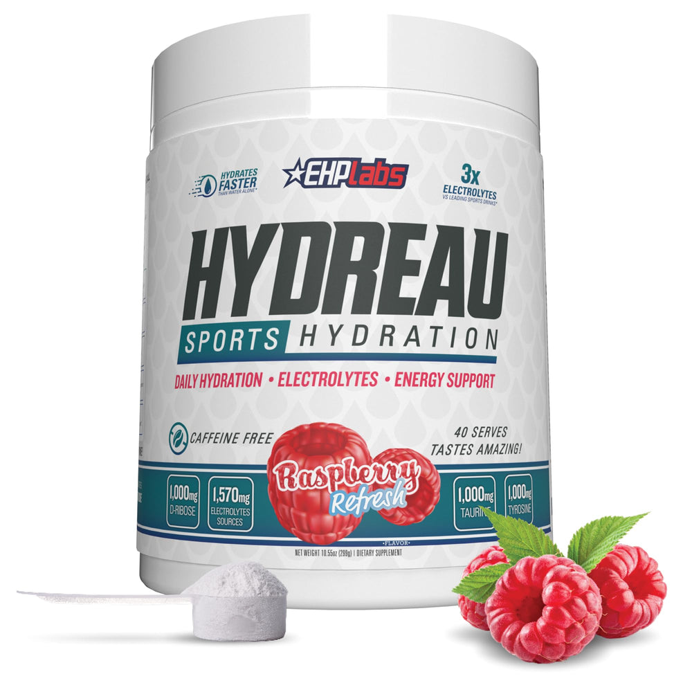 EHP Labs Hydreau electrolytes powder tub supports quick hydration and mineral balance during workouts.