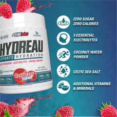 EHP Labs Hydreau raspberry refresh glass highlights sugar-free hydration after training.