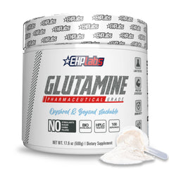 EHP Labs L Glutamine powder bottle shows lean muscle support and gut health potential.