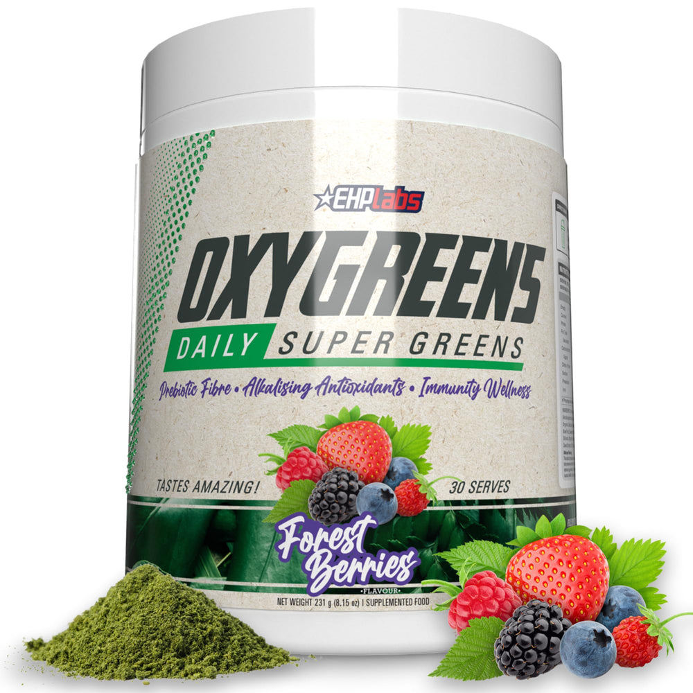 EHP Labs OxyGreens forest berries bottle, convenient daily greens in one serving
