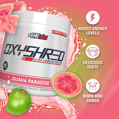 OxyShred Guava Paradise mix in shaker bottle for quick preparation.
