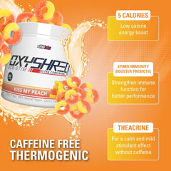 Glass with prepared OxyShred drink highlighting peach flavor.