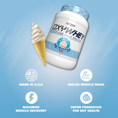 EHP Labs OxyWhey bottle shows probiotics and B vitamins for daily wellness