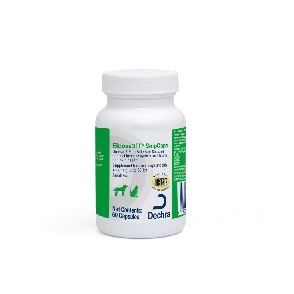 Eicosa3FF SnipCaps bottle close-up for easy pet omega-3 support.
