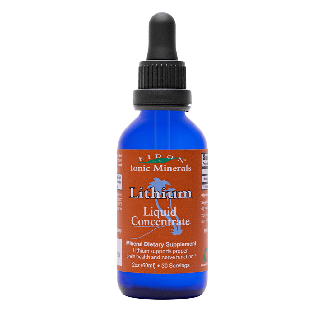 Eidon Ionic Minerals Liquid Lithium drops bottle, supports nervous system balance and cognitive wellness.