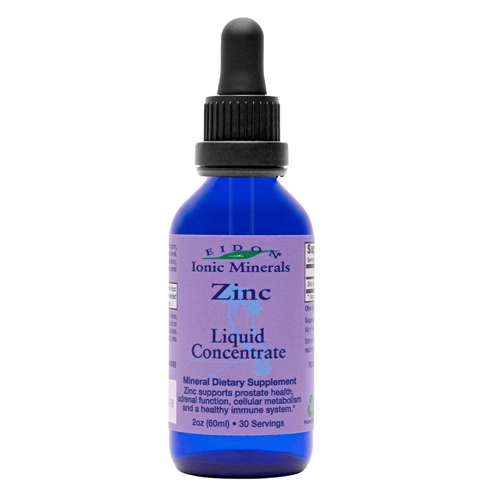 Eidon Ionic Minerals Zinc bottle with liquid drops for daily immune and skin support.