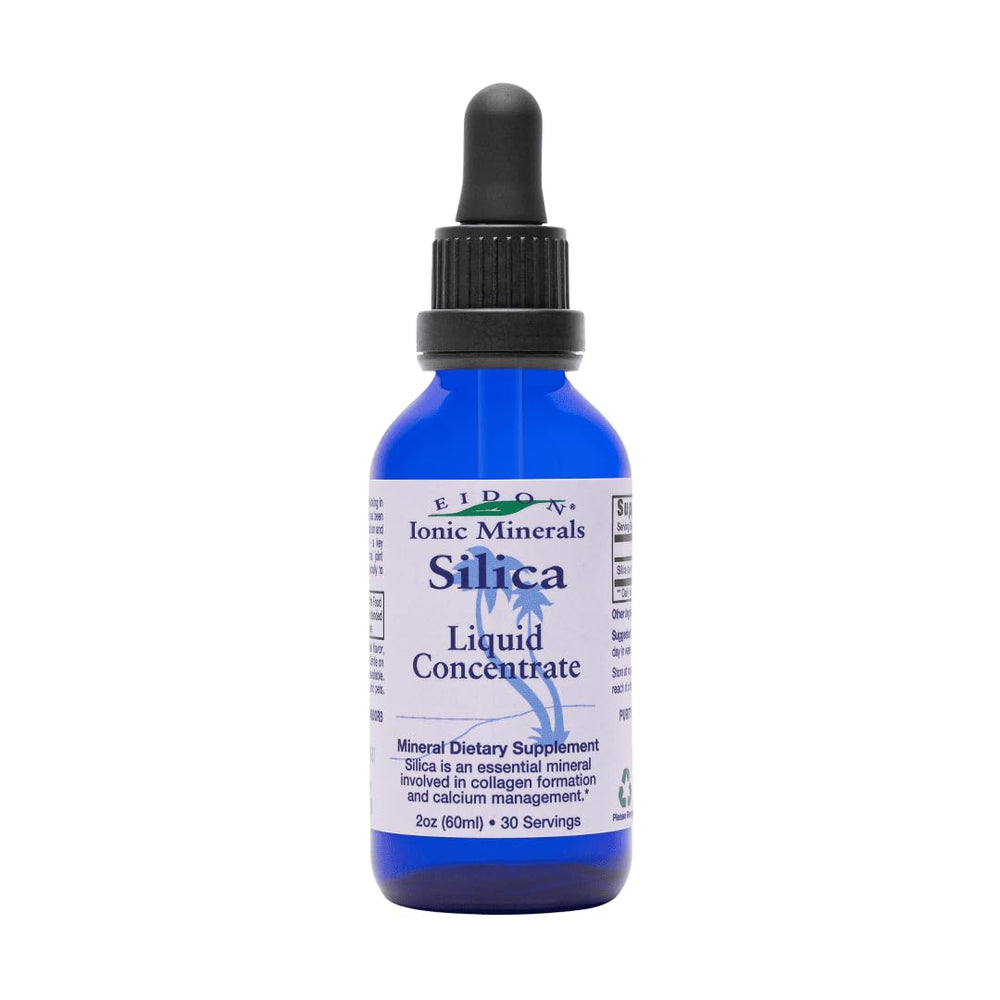 Eidon Liquid Silica bottle on a clean surface suggesting collagen support.