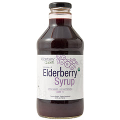 Elderberry Queen bottle with organic label, showcasing pure elderberry syrup for daily support.
