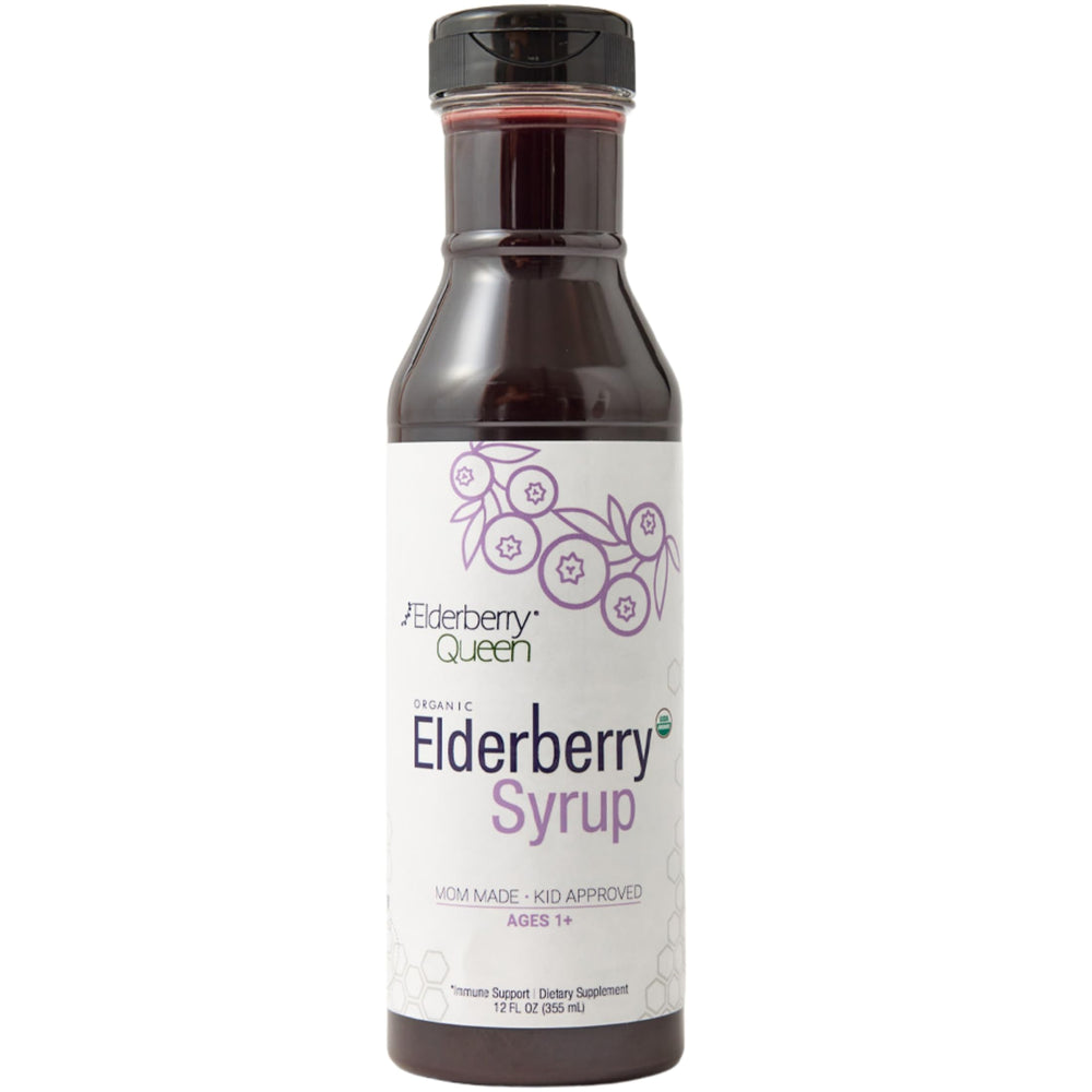 Elderberry Queen Organic Elderberry Syrup bottle front, ideal for daily immune routines.