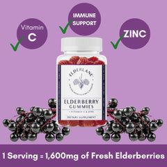 Close-up of Elderlane Elderberry Gummies with berries and texture.