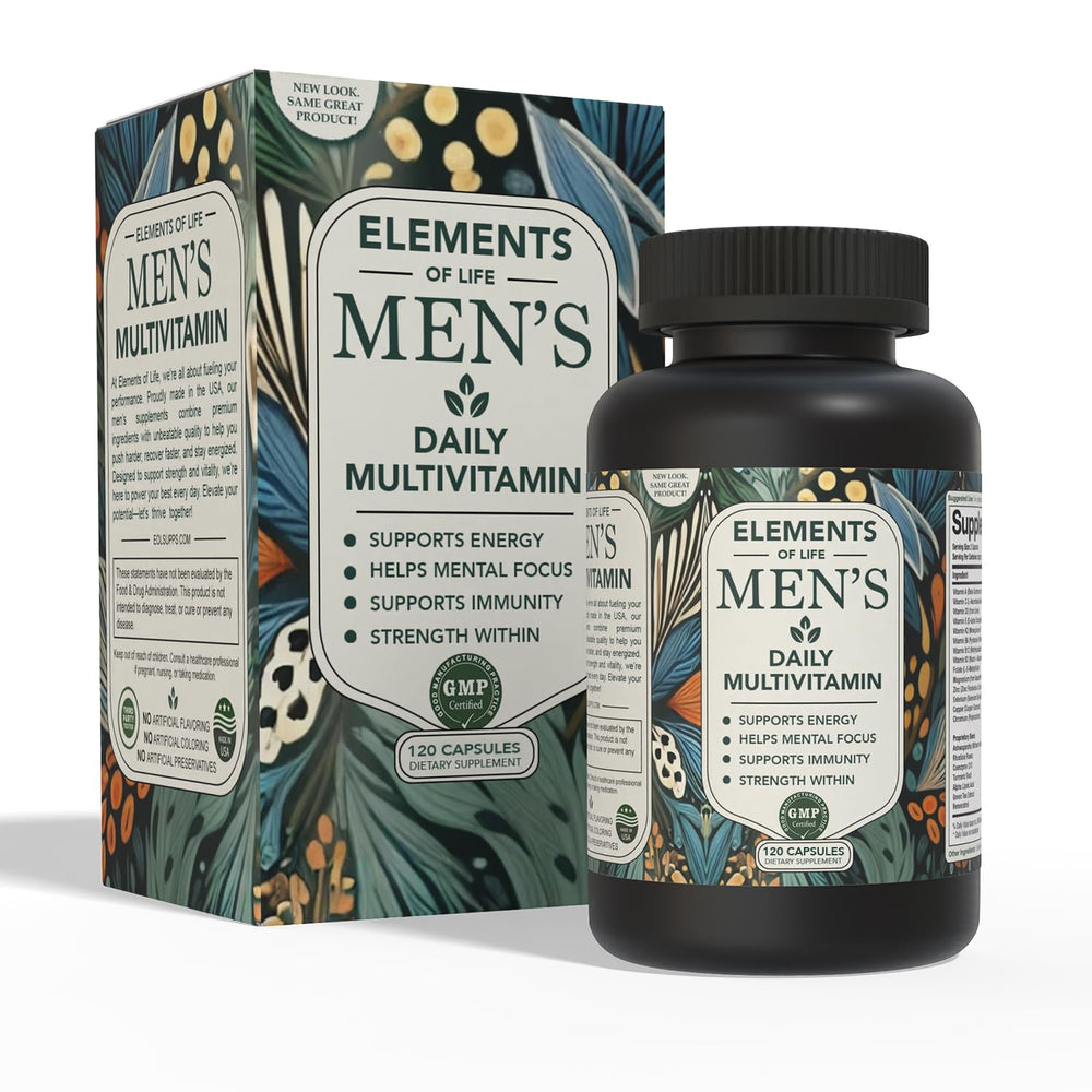 Elements of Life Men's Multivitamin bottle front for daily energy and immune support.