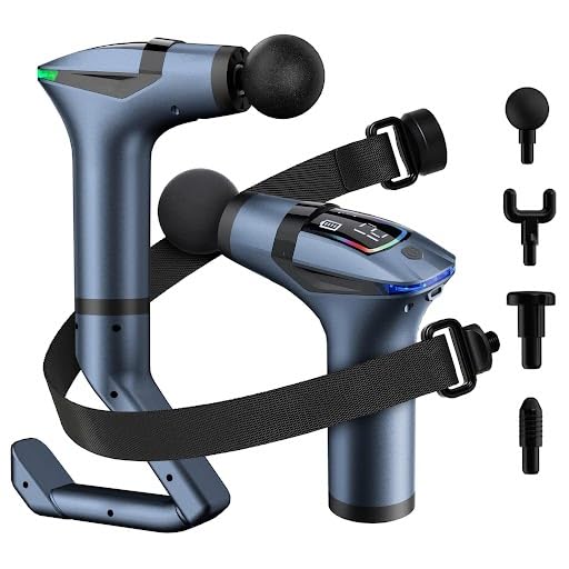 ELEVANZA 3-in-1 massage gun with extended handle reaching the back