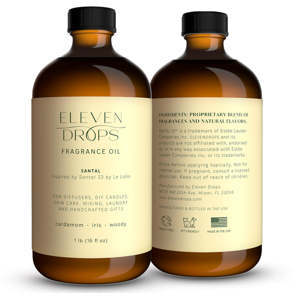 ELEVEN DROPS Santal Aroma bottle pour showing easy handling and potency