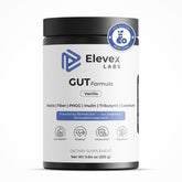 Elevex Labs gut health powder bottle with vanilla label for daily use.