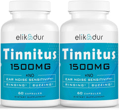Elikadur 1500mg tinnitus capsules bottle shows strong ear health support for daily use.