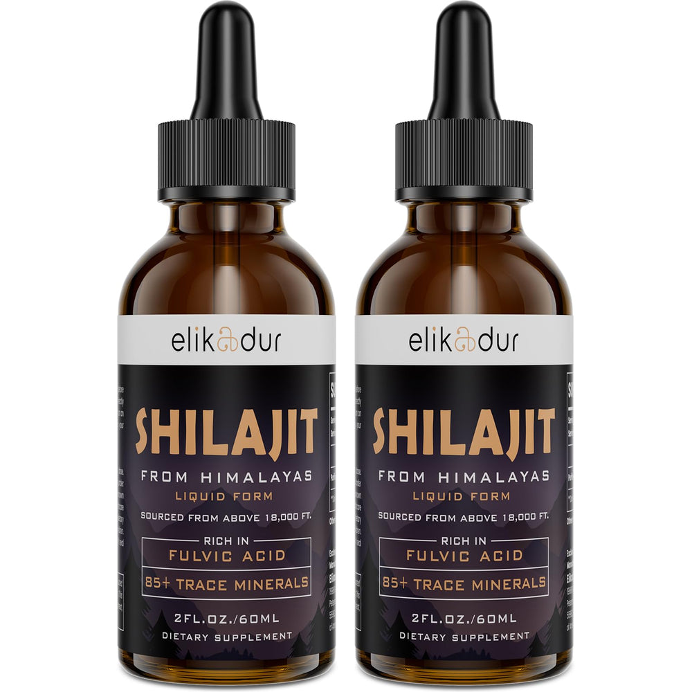 Elikadur Shilajit Drops bottle showing Himalayan origin and purity.