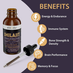 Elikadur Shilajit Drops ingredients label notes 85+ minerals for vitality.