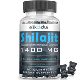 Elikadur Shilajit Gummies bottle closeup emphasizing natural energy support.