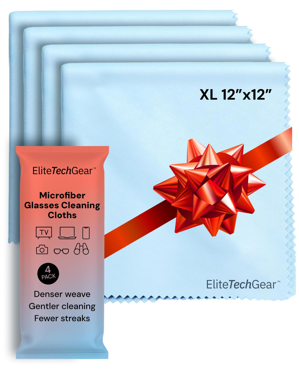 Elite Screens microfiber cleaning cloth 12x12 blue, four-pack, ideal for streak-free glasses and screens.