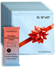 Elite Tech Gear oversized microfiber cloth in blue for streak-free glasses and screens.