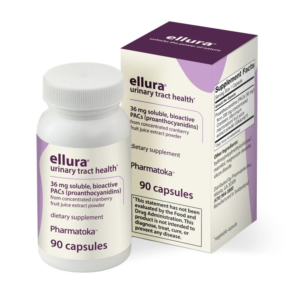ellura 36mg PACs bottle—clinically backed cranberry extract for urinary tract support