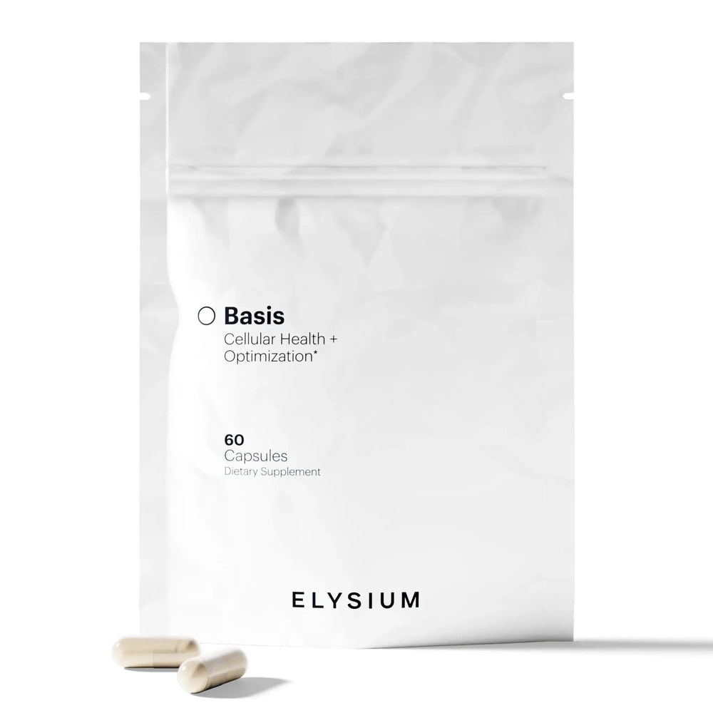 ELYSIUM Basis NAD+ bottle highlighting a convenient daily energy support.
