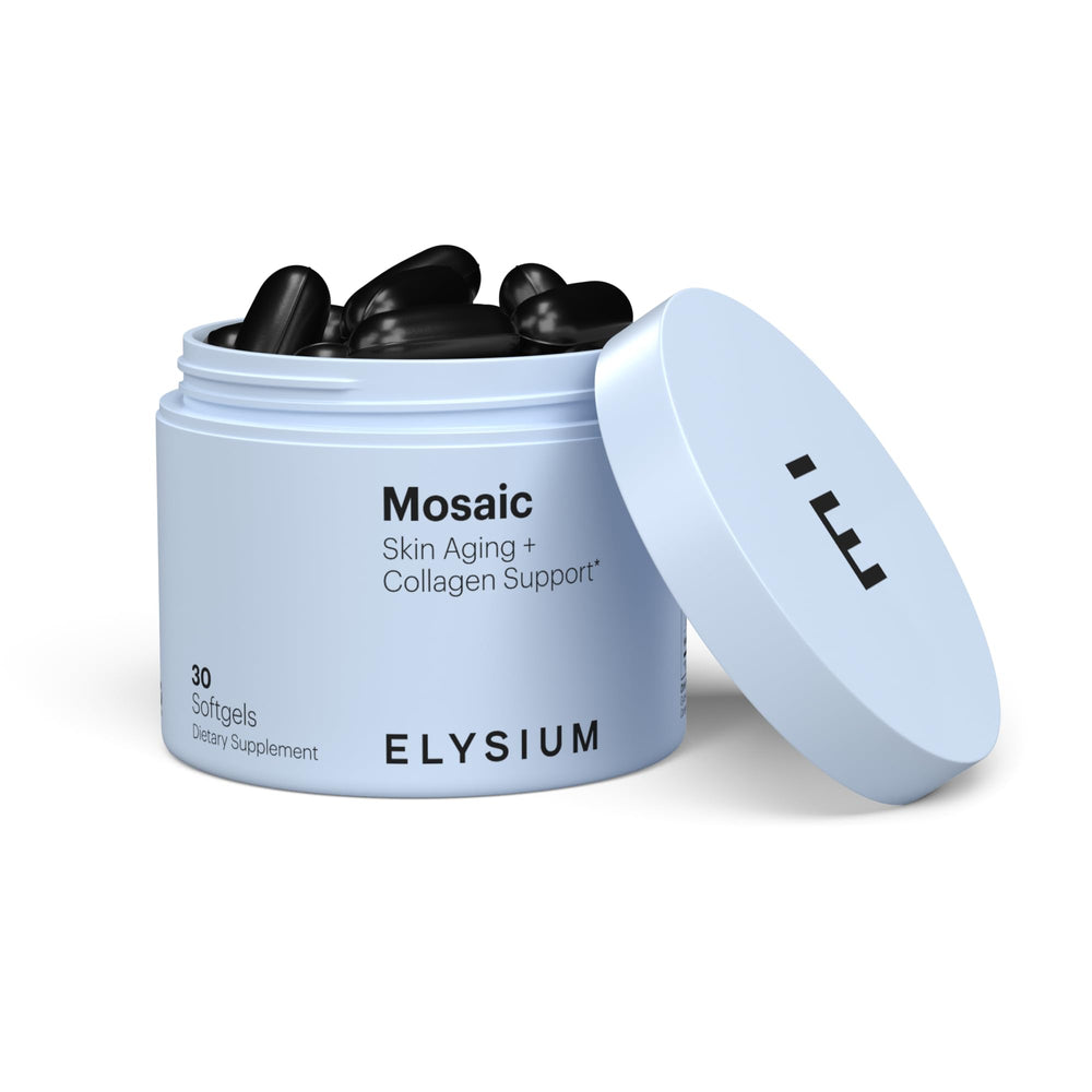 ELYSIUM Mosaic bottle with label highlighting hydration support for skin.