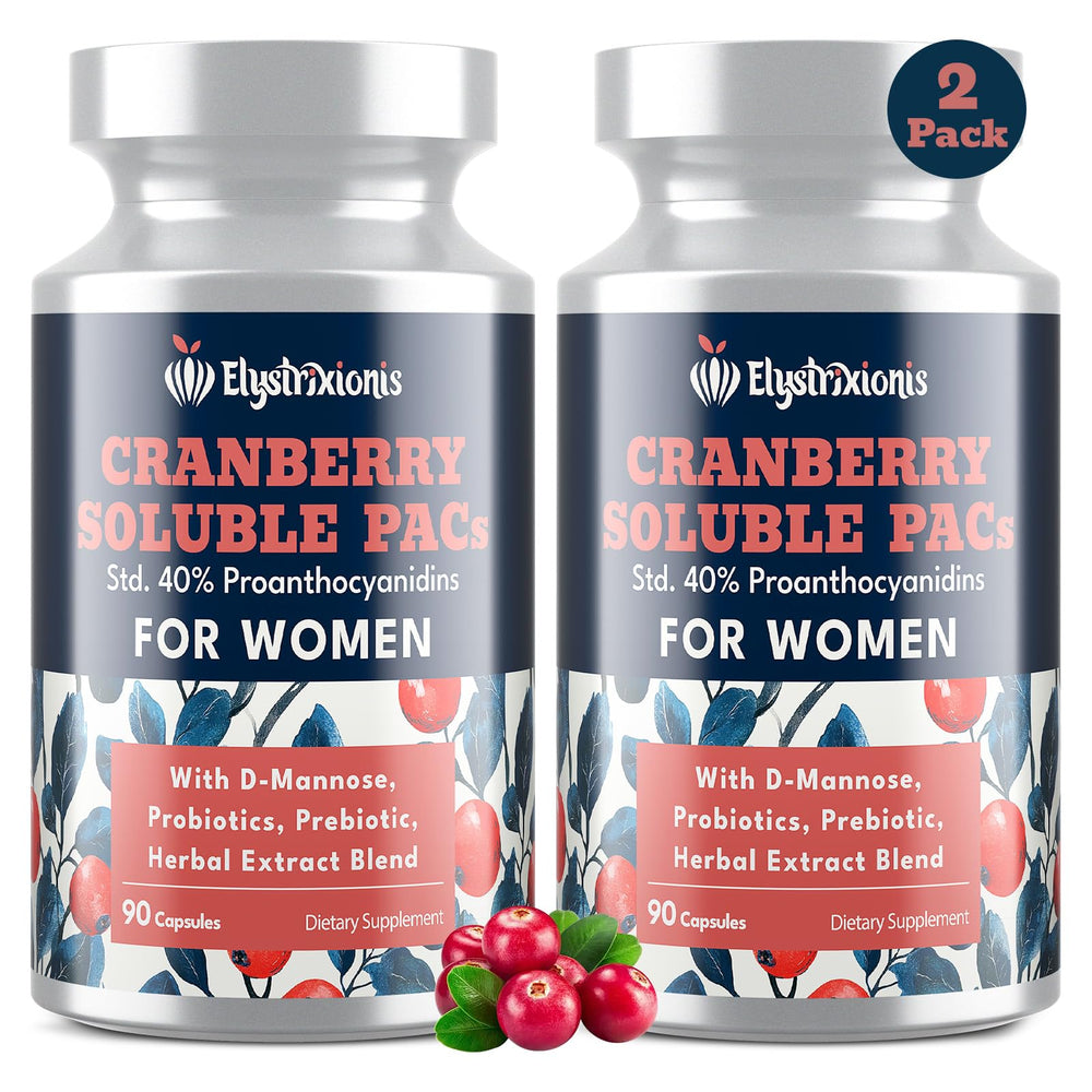 Elystrixionis bottle front label highlighting 72 mg PAC and cranberry blend for daily urinary support.