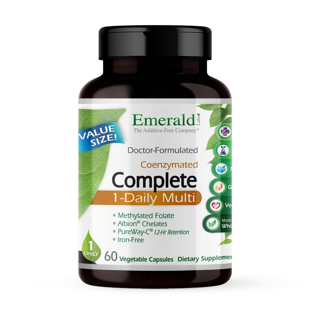 Emerald Labs Complete 1-Daily Multivitamin bottle on shelf for daily immune support and energy.
