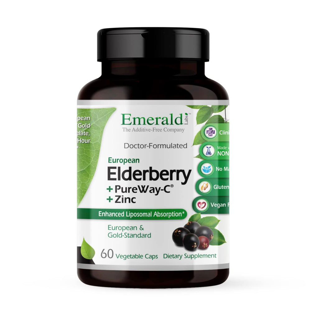 Emerald Labs Elderberry Plus bottle shows immune support and antioxidant benefits.