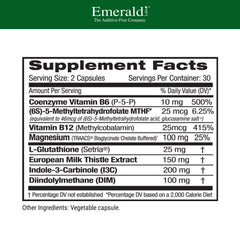 Emerald Labs Estrogen Detox label panel highlighting vegan and gluten-free formula
