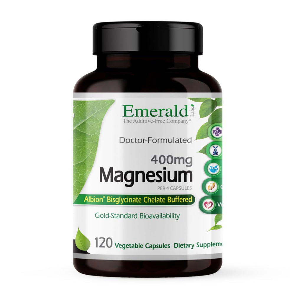 Emerald Labs magnesium 400mg bottle with label highlighting Albion chelated magnesium for absorption