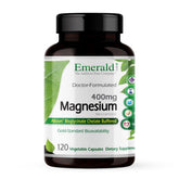 Emerald Labs magnesium 400mg bottle with label highlighting Albion chelated magnesium for absorption