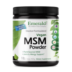 Emerald Labs MSM powder bottle showing 4000 mg per serving for joint support.
