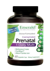 Emerald Labs Prenatal 1-Daily Multi bottle with gentle iron and methylated folate support.