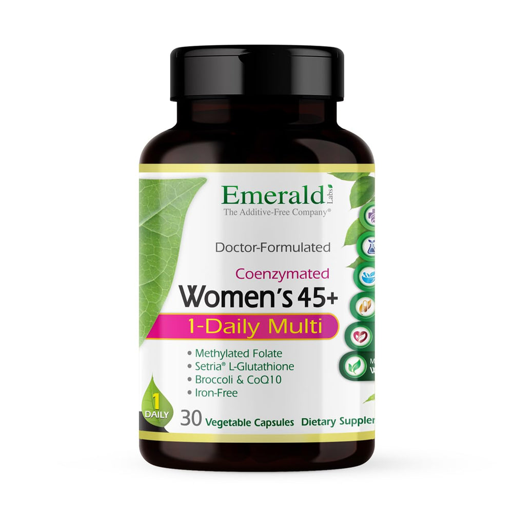 Emerald Labs Women's 45+ multivitamin bottle front for daily wellness and bone support.